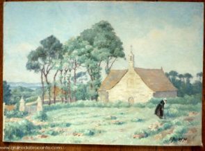 Peinture de 1936 signée Burlet représentant la chapelle Saint Golgon près de Trégastel