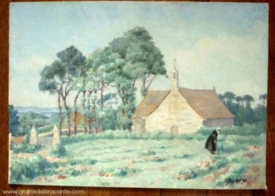 Peinture de 1936 signée Burlet représentant la chapelle Saint Golgon près de Trégastel